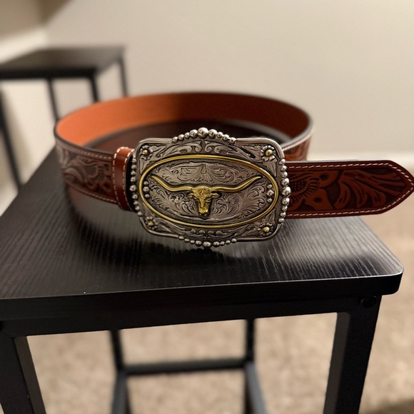 CODY JAMES MEN'S TOOLED LONGHORN BUCKLE BELT SIZE 34 - Picture 1 of 5